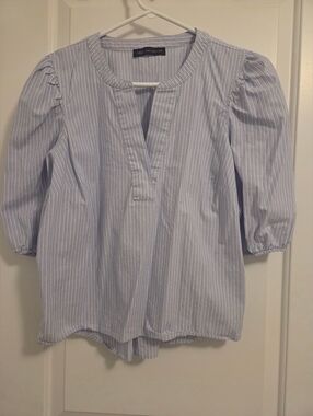 Blue Stripe Cotton Ballon Sleeve Blouse - Medium